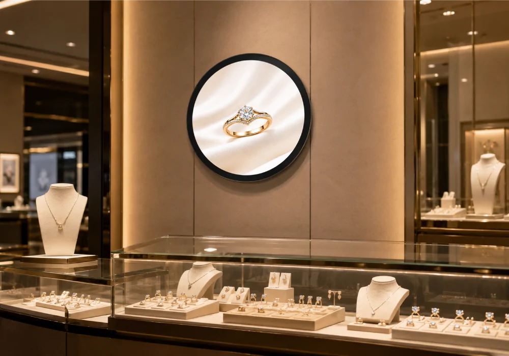 goxmart round lcd display used as digital signage in a jewelry store