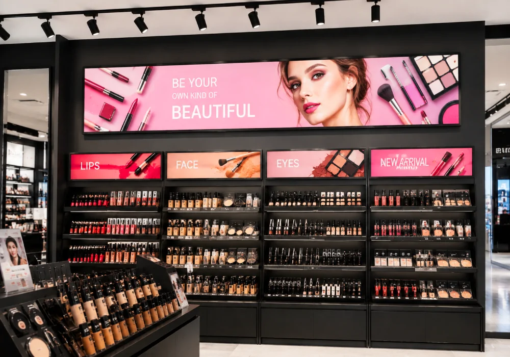 goxmart stretched display digital signage in a cosmetics store for product promotion and retail advertising