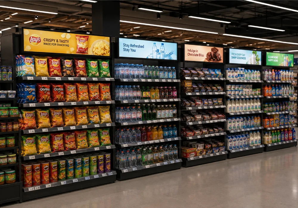 goxmart stretched screen digital signage display on a supermarket shelf for retail advertising