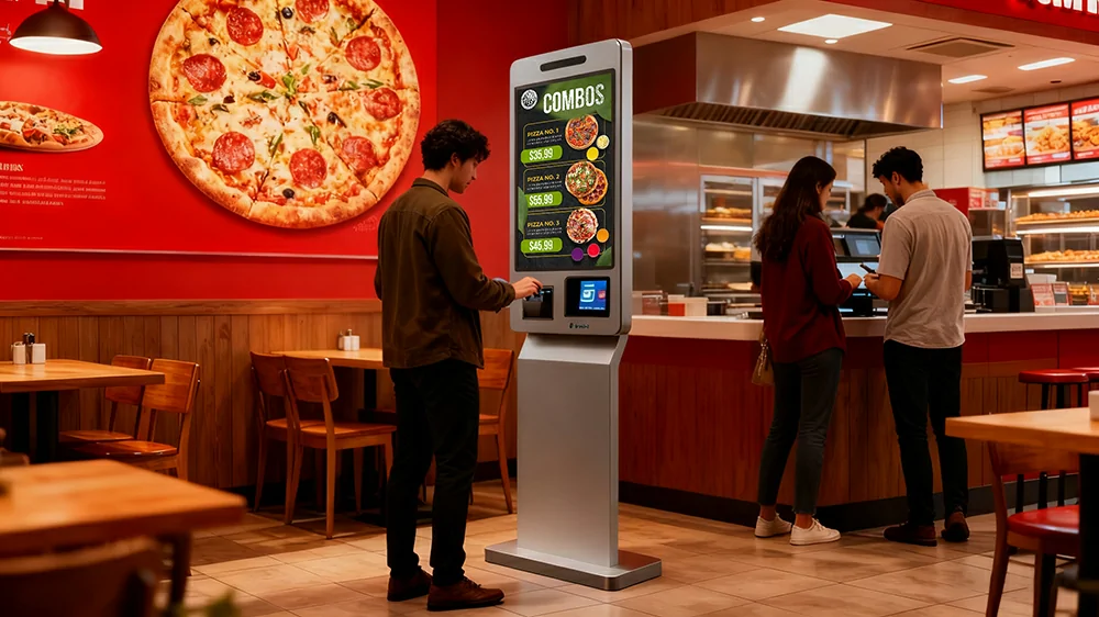 Self service ordering kiosk, customer placing food order on touchscreen terminal inside pizza restaurant