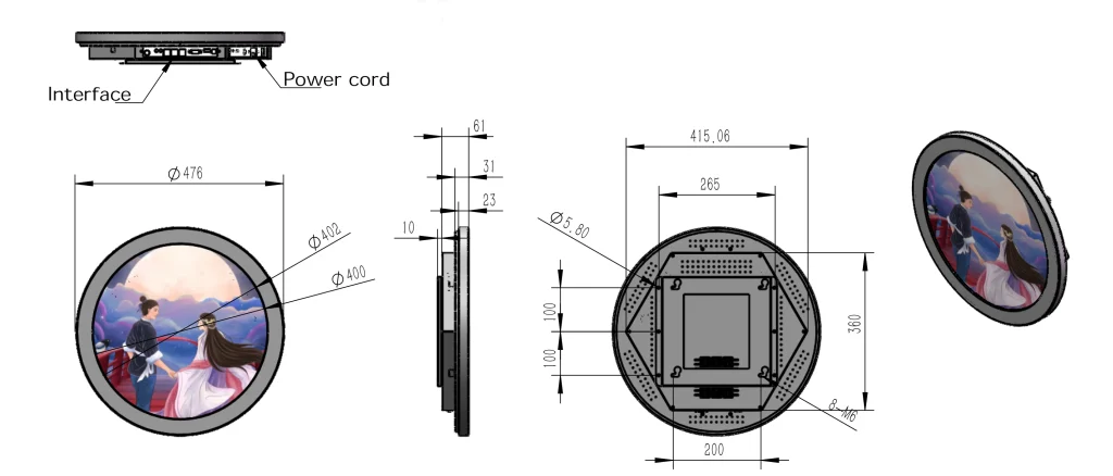 goxmart 15.7inch round lcd display dimension drawing
