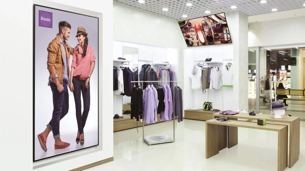 Clothing retail shop with multiple digital signage screens for apparel promotion