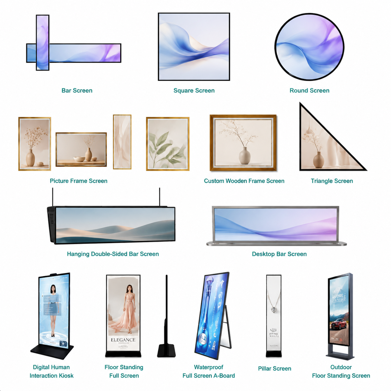 Special shape display solutions including round screen, triangle screen, bar display and custom LCD displays