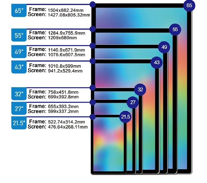 21.5 to 65 inch lcd digital signage dimension size comparison chart