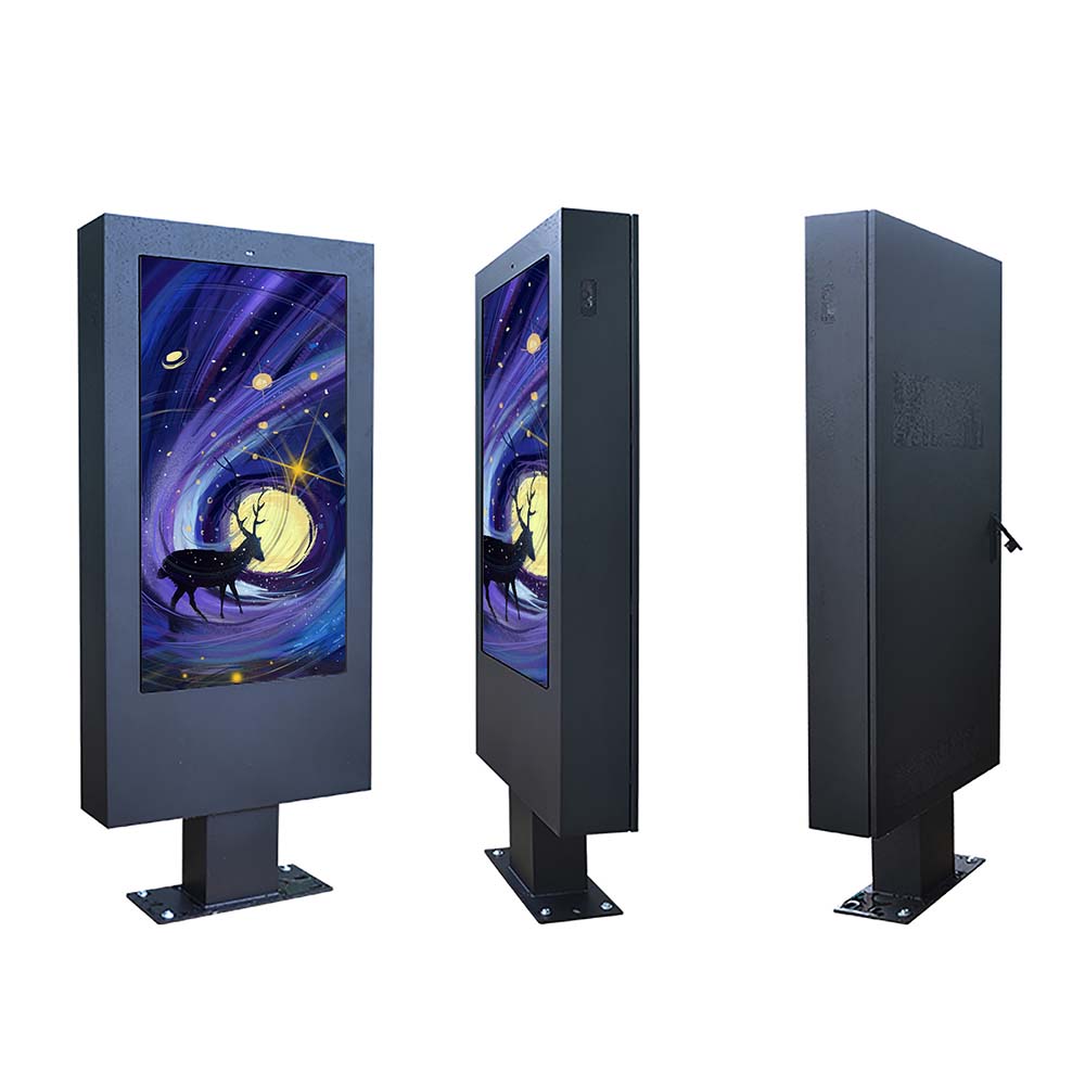 Floor standing mobile outdoor vertical LCD digital signage with casters, 3 views of waterproof outdoor advertising kiosk