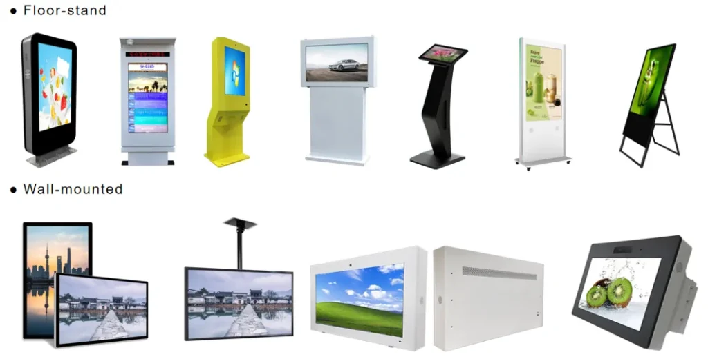 Floor standing and wall mounted commercial lcd digital signage kiosk types