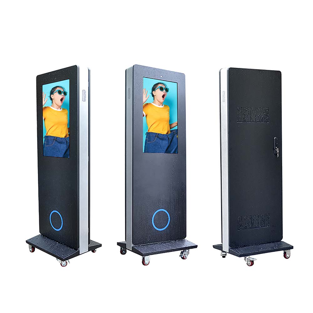 Floor standing mobile outdoor vertical LCD digital signage with casters, 3 views of waterproof outdoor advertising kiosk