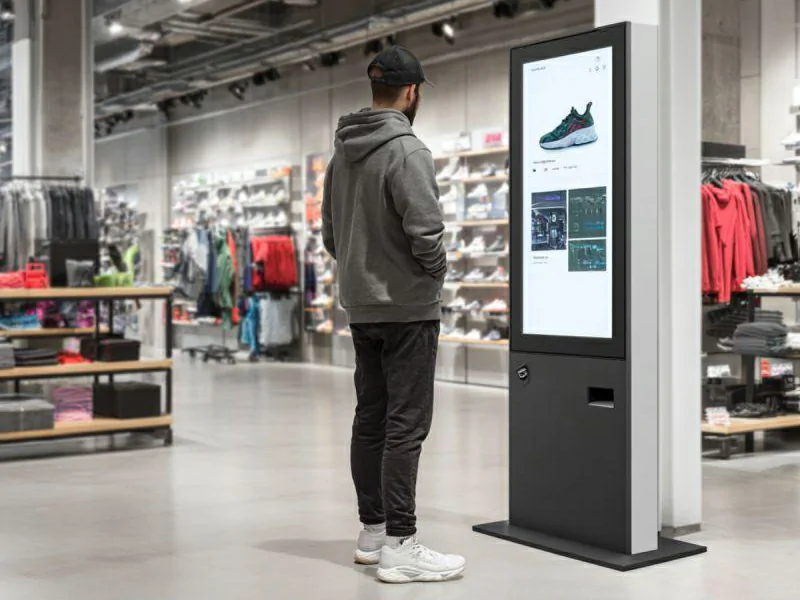 Floor standing touch screen digital kiosk in sportswear shop for customers to browse shoe product catalog