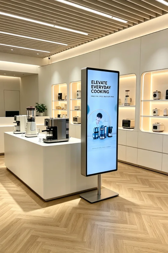 goxmart freestanding vertical stretched lcd display digital signage for product promotion in home appliance retail store