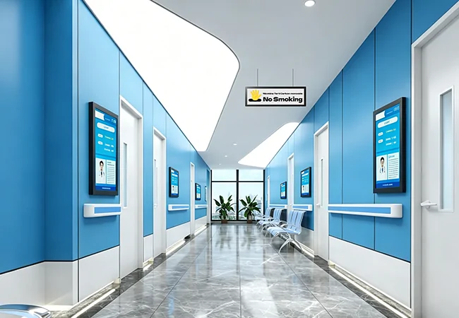 goxmart healthcare digital signage, vertical LCD room door signs outside clinic consultation rooms in hospital