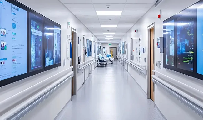 goxmart healthcare digital signage, wall mounted medical LCD displays installed along hospital ward corridor for patient info