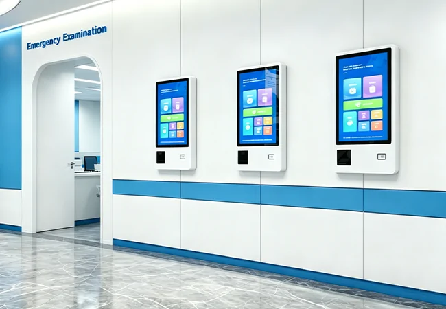 goxmart healthcare digital signage, wall-mounted touch self-service kiosk terminals for hospital emergency registration