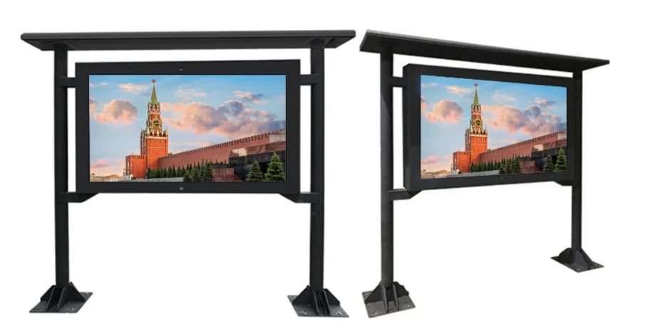 Horizontal outdoor bus electronic stop sign with sunshade canopy, smart city public transport LCD display