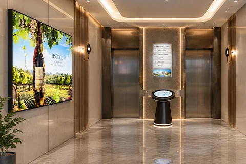 goxmart hospitality digital signage, round touch screen kiosk for hotel elevator lobby directory and guest wayfinding