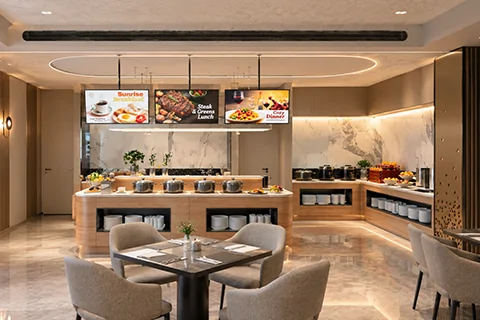 goxmart hospitality digital signage, suspended LCD digital menu boards for hotel buffet restaurant food promotion