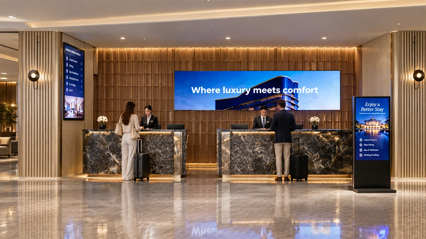 goxmart hospitality digital signage, wall-mounted LCD screens and freestanding totem display at luxury hotel front desk lobby