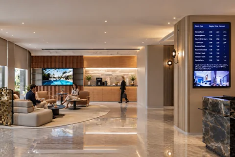 goxmart hospitality digital signage, high brightness wall mounted LCD display for hotel lounge guest rate and resort information