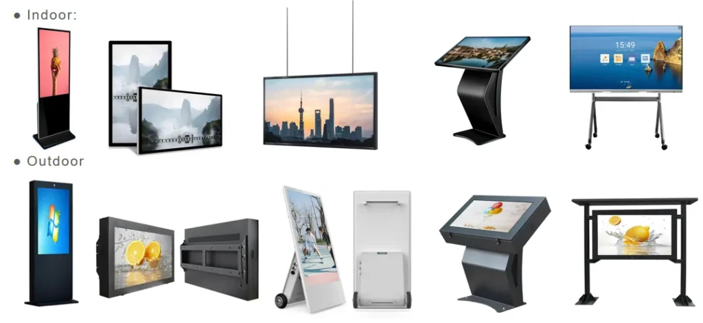 Various indoor and outdoor lcd digital signage, floor stand, wall mounted touch screen displays