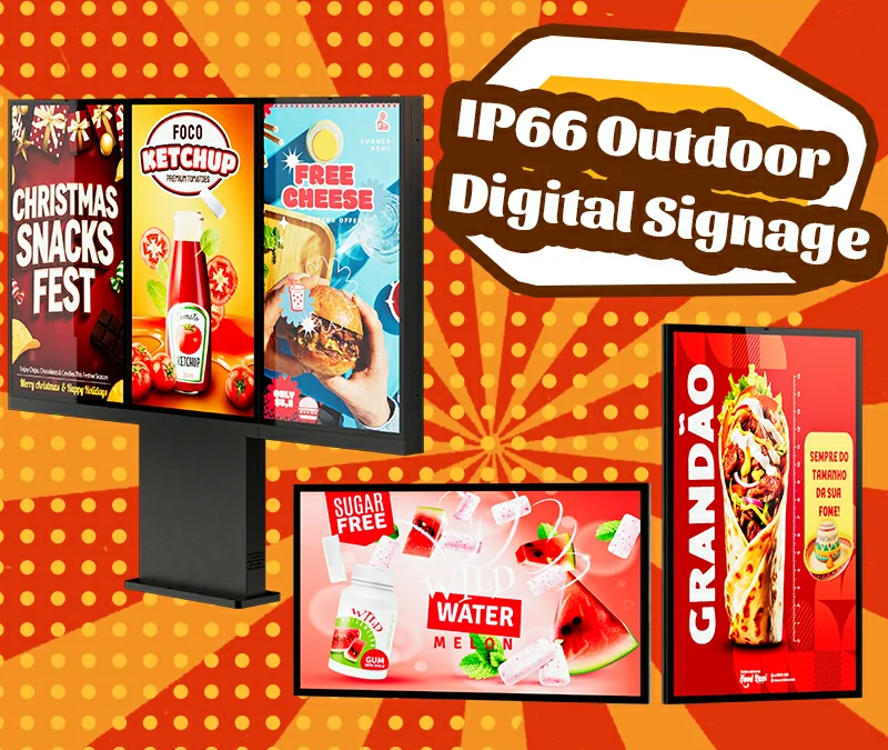 IP66 waterproof outdoor digital signage, high brightness commercial display showing food advertisement