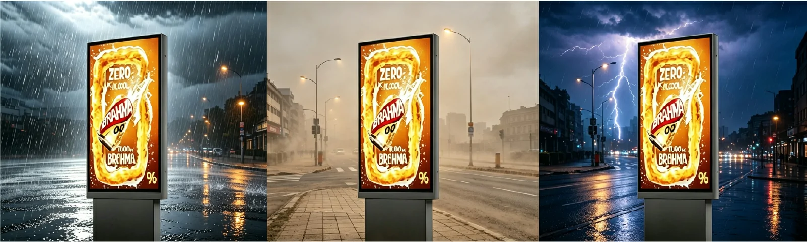 IP66 outdoor digital totem display working in heavy rain, dusty wind and lightning storm, all-weather commercial advertising signage with durable protection