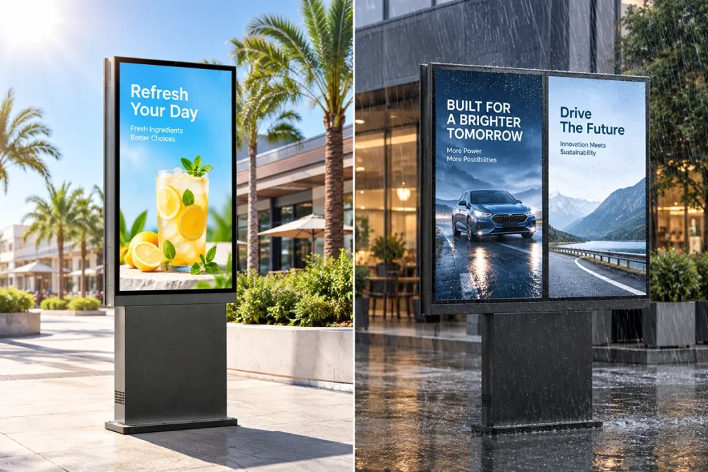 GoXmart IP66 outdoor floor-standing digital signage kiosk, waterproof LCD totem in sunny and rainy outdoor scenes