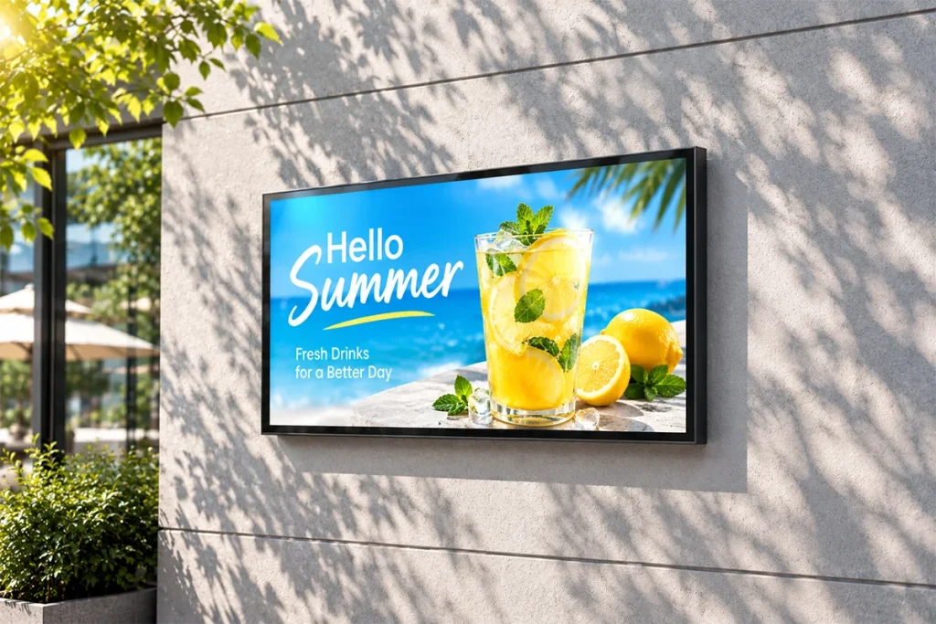 GoXmart IP66 outdoor wall mounted digital signage, commercial LCD display mounted on exterior wall for retail advertising
