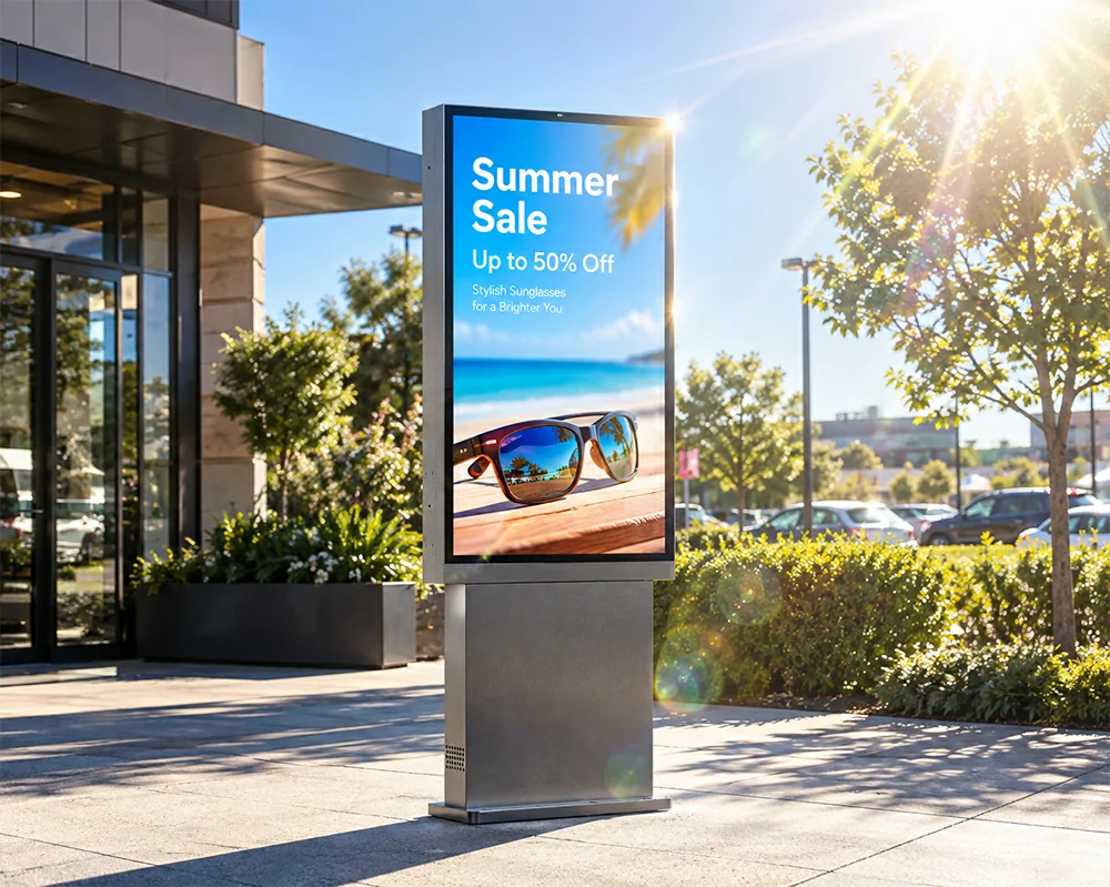 GoXmart IP65 outdoor floor standing digital totem, high brightness sunlight readable vertical digital signage for retail storefront summer sale advertising