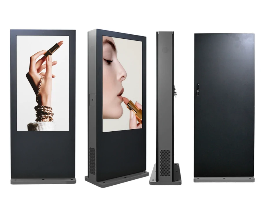 Freestanding outdoor LCD advertising machine, front view and side view of waterproof digital signage