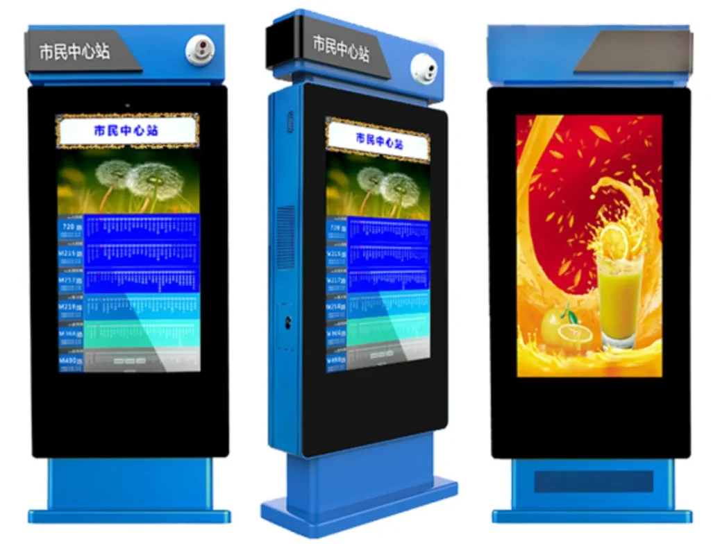 Three outdoor vertical bus electronic stop sign kiosks, real-time bus info digital display for smart city