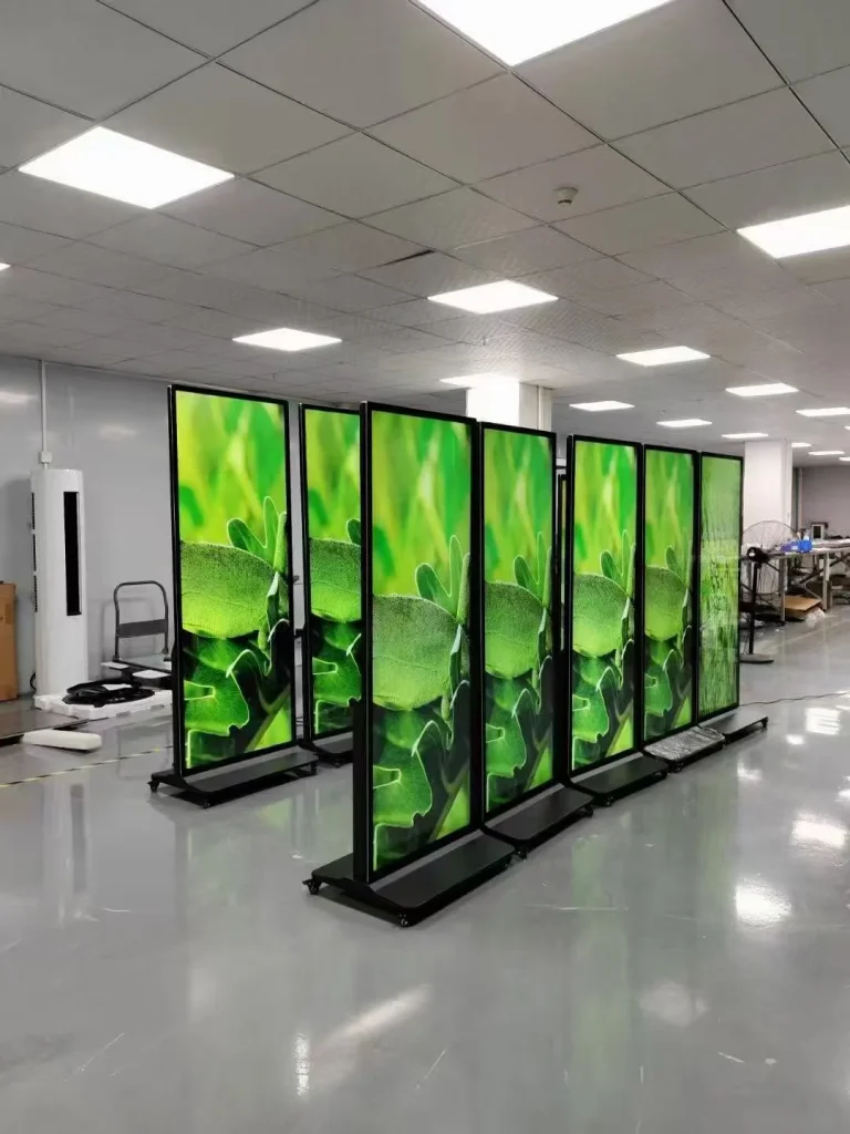 GoXmart wheeled floor standing LCD digital poster displays green leaf content in factory inspection workshop