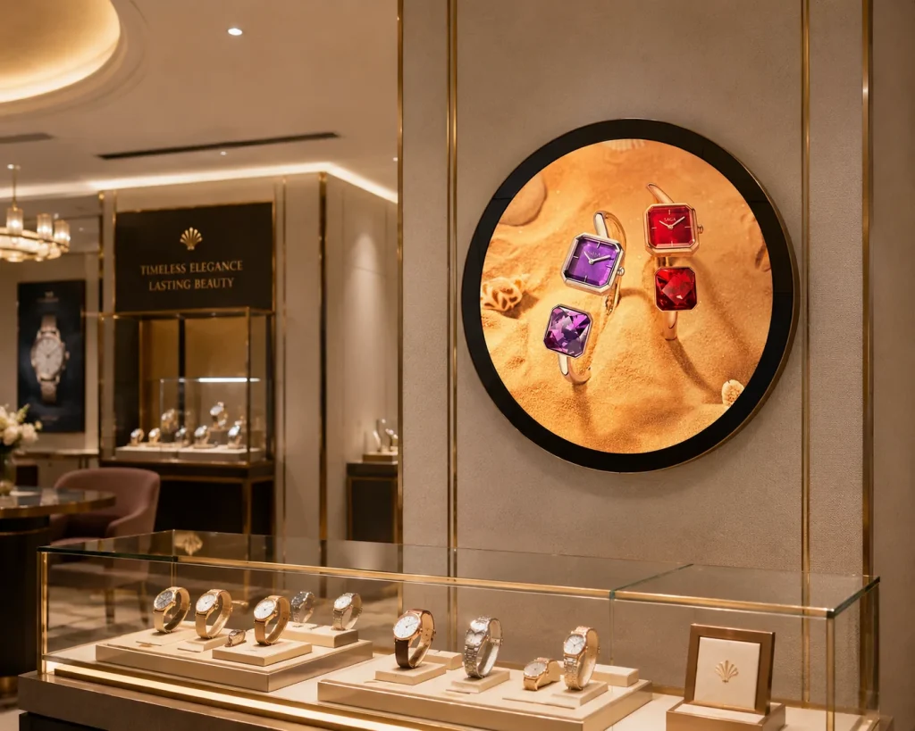 Round custom LCD display installed in luxury watch jewelry shop, circular digital signage for retail store advertising