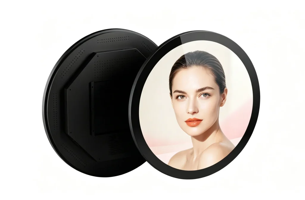 Round LCD digital signage display for cosmetics and beauty retail store, circular screen with beauty product advertising