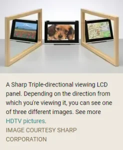 Sharp triple-directional viewing LCD panel showing different HDTV images from different viewing angles
