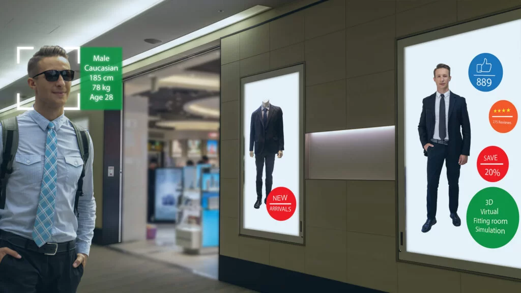 Smart retail window digital signage with customer recognition and 3D virtual fitting simulation