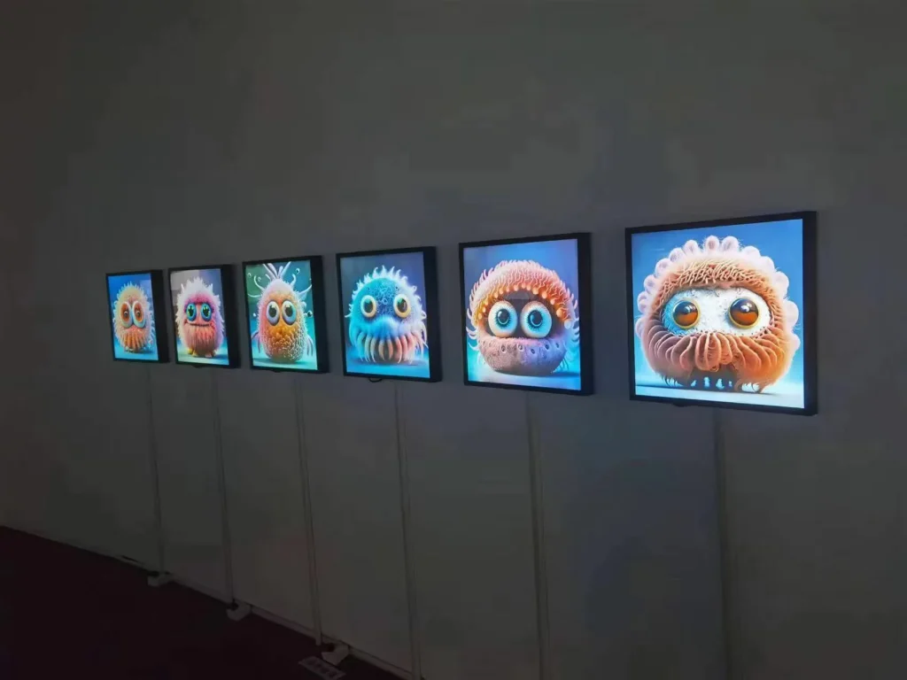 square LCD digital signage mounted side by side on exhibition wall for creative art image display