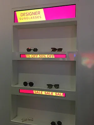 Stretch bar LCD screen embedded on retail shelf for sale promotion signage
