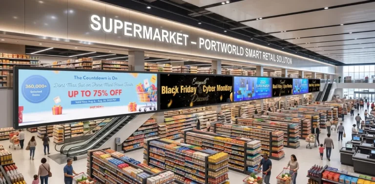 goxmart hanging stretched bar LCD digital signage, ultra‑wide stretched bar display for sale advertising inside large supermarket