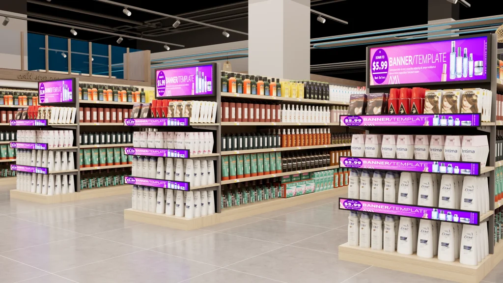 stretched bar LCD digital signage mounted on supermarket shelf for beauty and hair care product price promotion