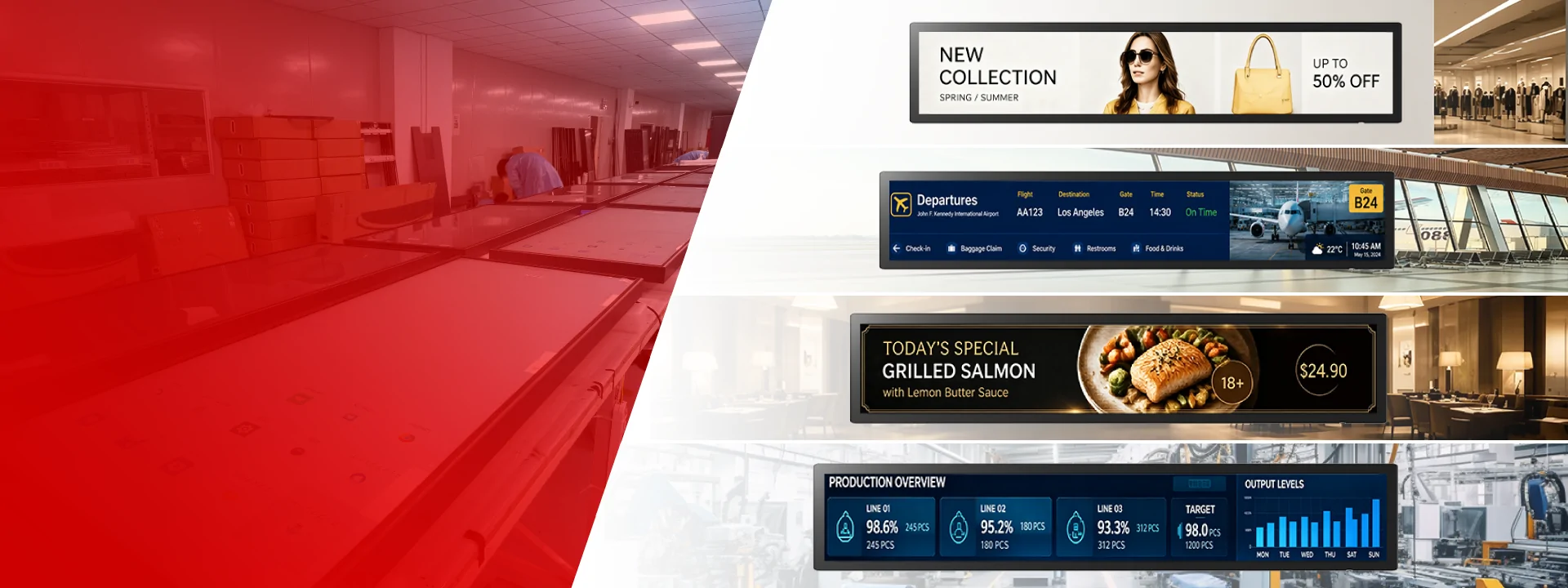 GoXmart stretched display solutions banner, ultra wide stretched LCD digital signage for retail, transportation, hospitality and industrial applications