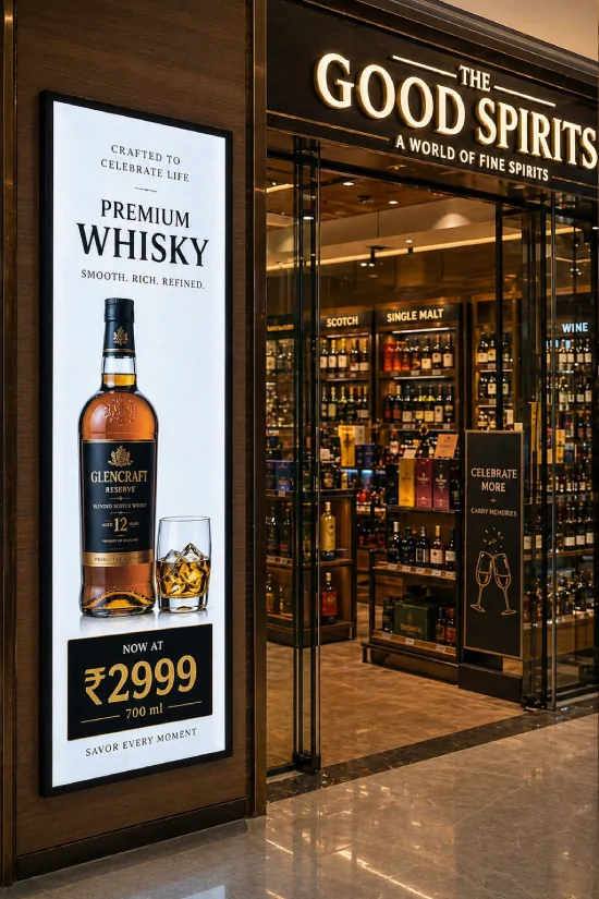 goxmart stretched bar lcd display digital signage displaying whisky advertisement at liquor retail store