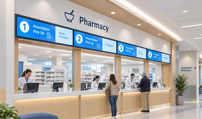 goxmart stretched screen healthcare digital signage, pharmacy prescription pick-up queue LCD display for hospital outpatient pharmacy