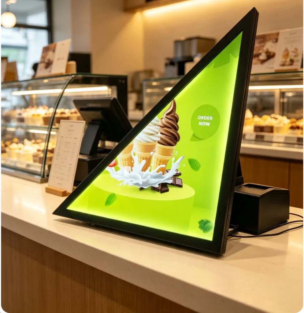 GoXmart triangular LCD digital signage placed on dessert shop counter for ice cream menu advertising