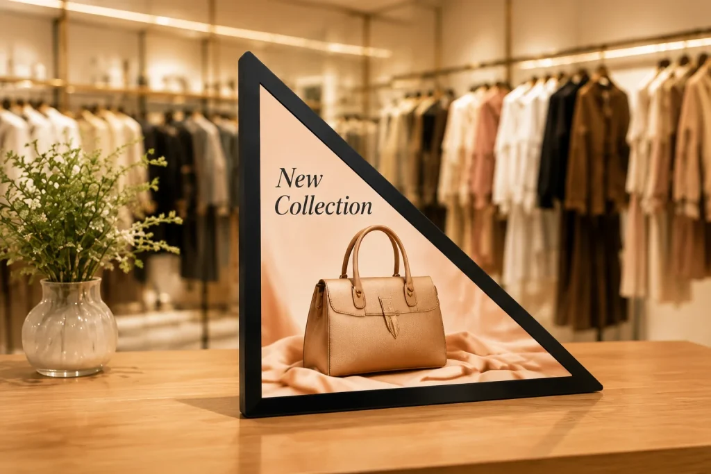 Custom triangle shape LCD screen on clothing retail shop counter displaying handbag new arrival promotion