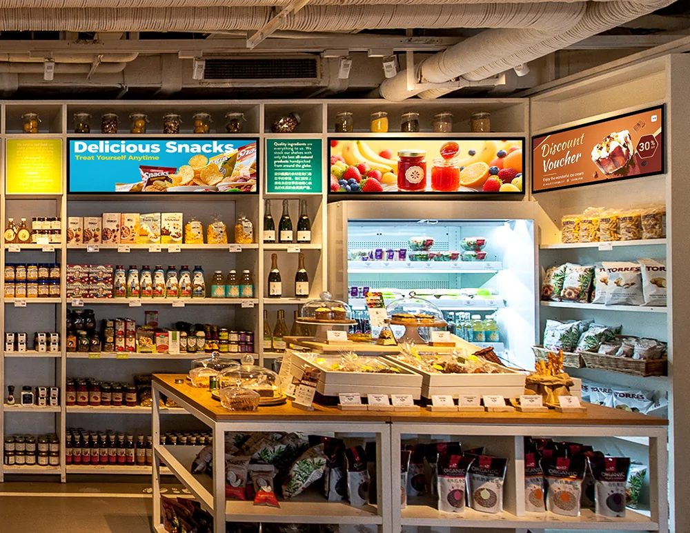 Ultra wide stretched bar digital signage embedded in gourmet grocery shop for snack and food advertising display