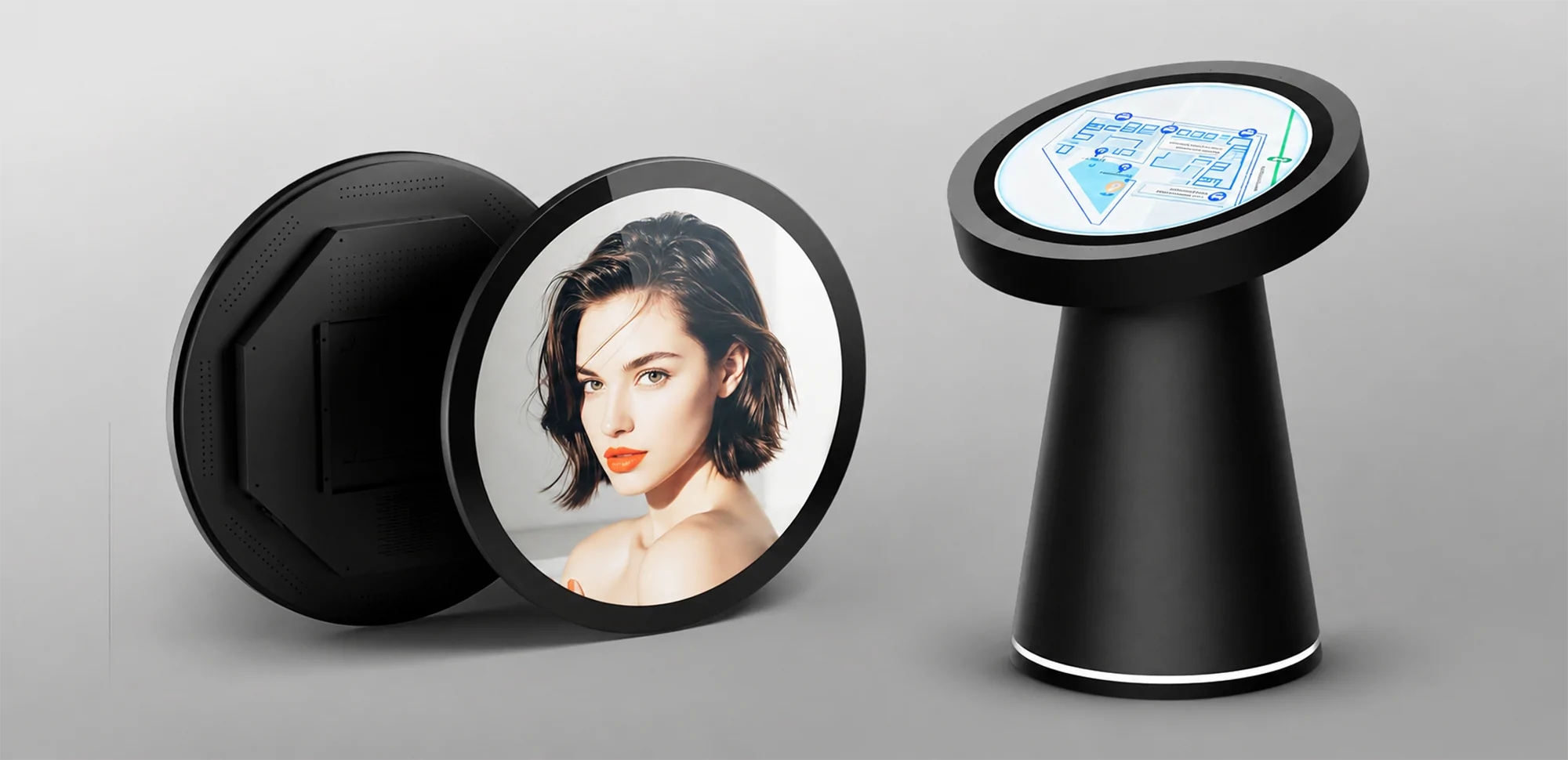 goxmart circular digital signage with various customization options for display size, design, and configuration