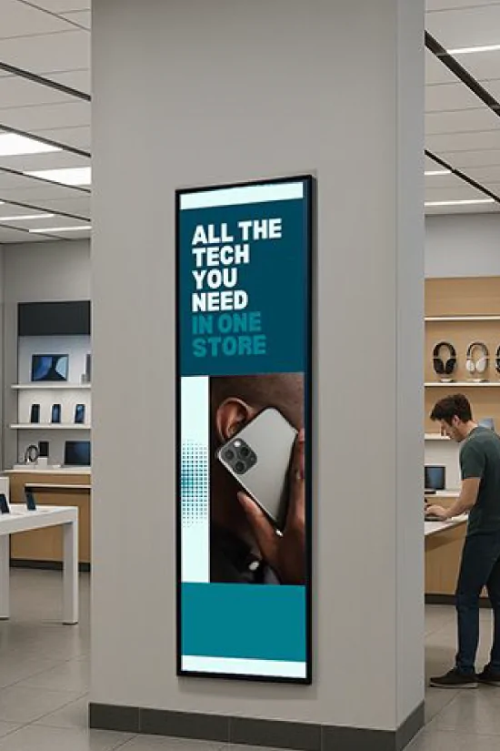 goxmart vertical stretched bar LCD display mounted on pillar for promotional advertising in mobile phone retail store