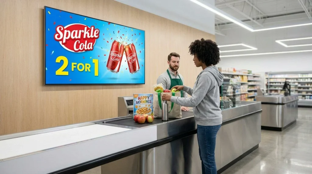 GoXmart wall mounted LCD advertising screen showing beverage promotion content at supermarket checkout counter