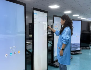 goxmart factory operator testing floor-standing touch digital signage