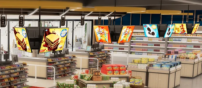 goxmart hanging retail digital signage screens for supermarket interior, suspended commercial displays