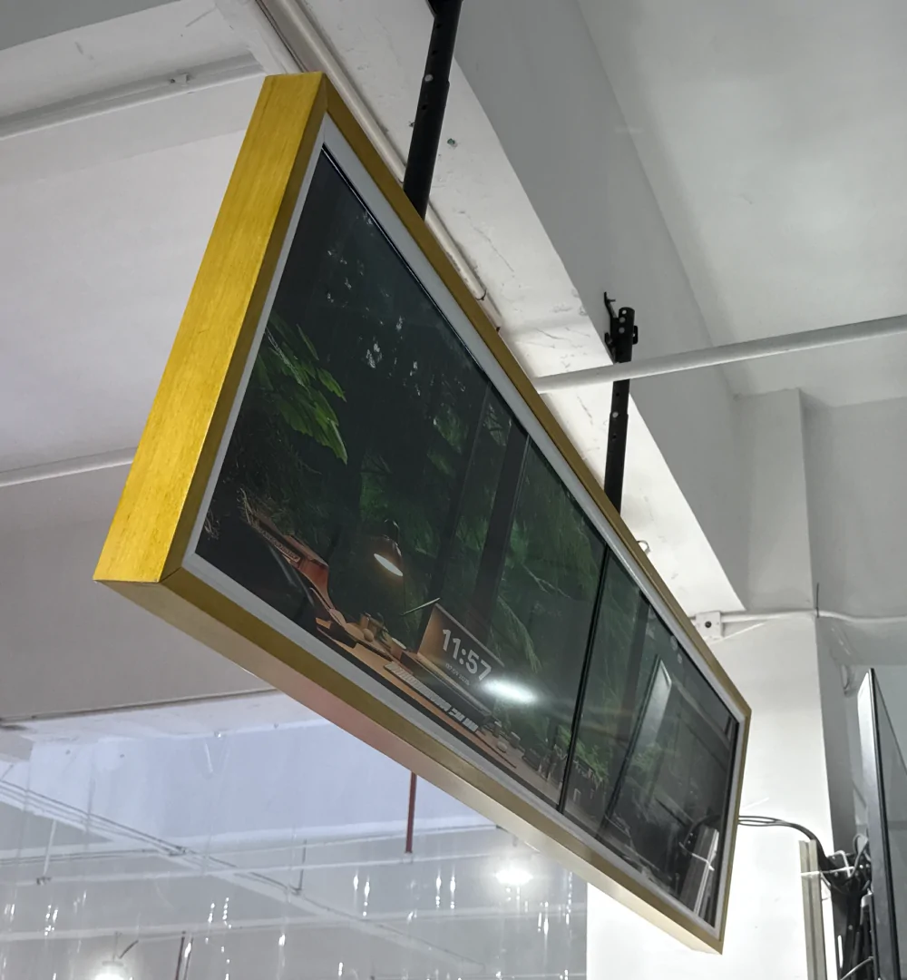 goxmart wooden frame hanging stretched‑bar‑digital‑signage suspended from ceiling